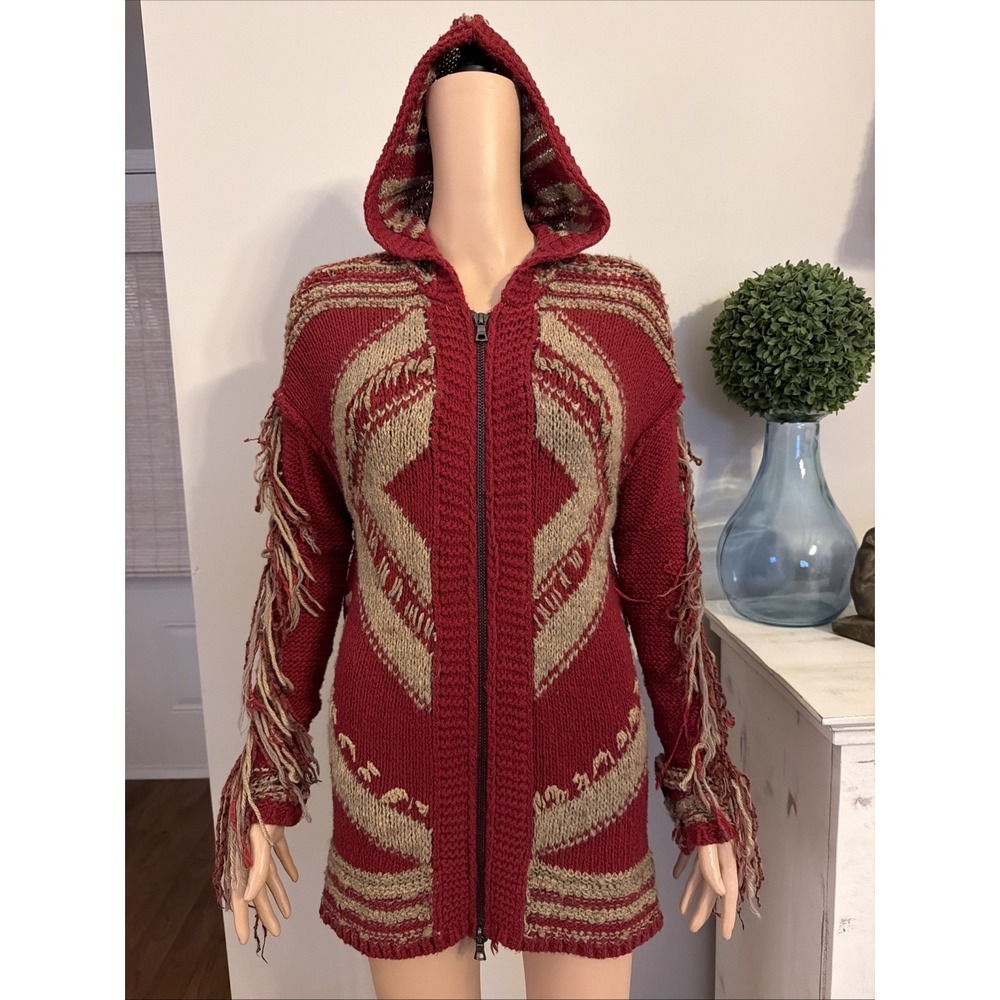 Free People Show Me The Way Fringe Zip Cardigan Hooded Red Brown Small Boho